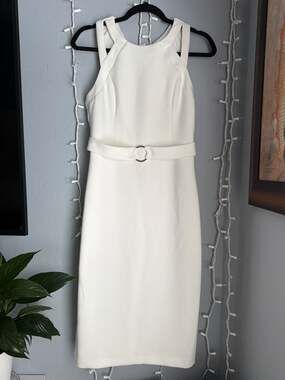 GUESS Ivory Sleeveless Cut-Out Neckline Belted Midi Sheath Dress Size 12